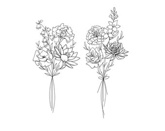 DIGITALER minimalistischer individueller Geburtsmonats-Blumen-Tattoo-Blumenstrauß (bis zu 8 Blumen), druckbares Familiengeschenk für Sie