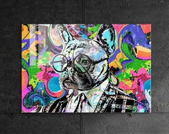 May include: A colorful abstract painting of a French bulldog wearing glasses and a suit. The background is a mix of bright colors and abstract shapes.
