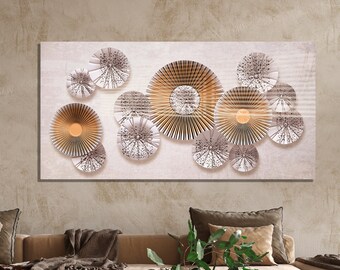 May include: A wall art piece featuring a collection of overlapping, circular, decorative elements in shades of gold and silver. The design is reminiscent of a fan or flower.