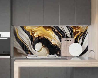 May include: A kitchen backsplash with a modern abstract design featuring swirling black, white, and gold paint. The backsplash is installed above a gas stove and a wooden countertop.