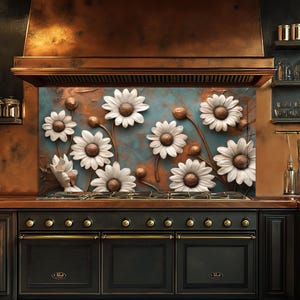 Dosseret en verre trempé, Couvercle supérieur de l'arrière de la cuisinière, Garde-boue pour évier de cuisine, Couvercle d'évier de cuisine, Crédence en verre trempé à fleurs blanches
