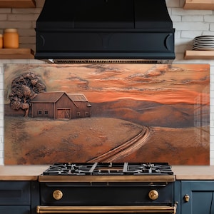 Dosseret en verre avec vue sur la ferme, crédence en verre trempé, couverture arrière de poêle, garde-boue pour évier de cuisine, couvercle de lavabo, décoration cuivre