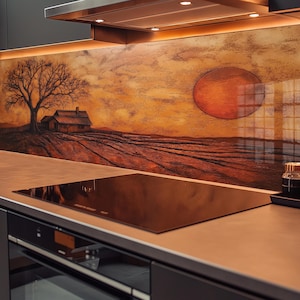 Dosseret en verre avec vue sur la ferme, crédence en verre trempé, couverture arrière de poêle, garde-boue pour évier de cuisine, couvercle de lavabo, décoration cuivre