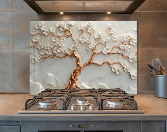 Tempered Glass Backsplash, Tree Kitchen Splashback, Copper Look Stove Back Cover, Kitchen Sink Splash Guard, Bathroom Sink Cover