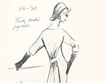 Puede incluir: Un dibujo en blanco y negro de una mujer con un vestido y un sombrero. El dibujo está sobre un fondo blanco e incluye el texto "X/6-20 Finely checked grey wool."