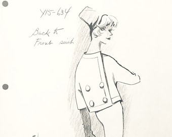 Vintage PIERRE CARDIN fashion design sketch haute couture retro dress