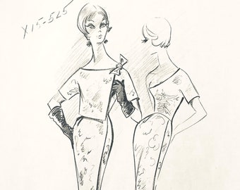 Vintage JEAN PATOU fashion designer sketches haute couture retro dress sketch