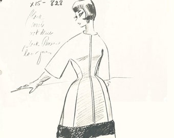 Vintage NINA RICCI fashion design sketch haute couture retro dress