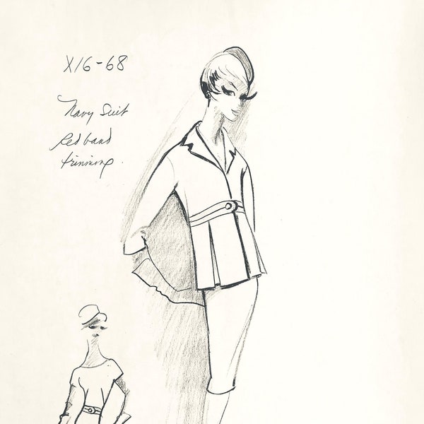 Vintage BALMAIN diseño de moda boceto vestido retro de alta costura