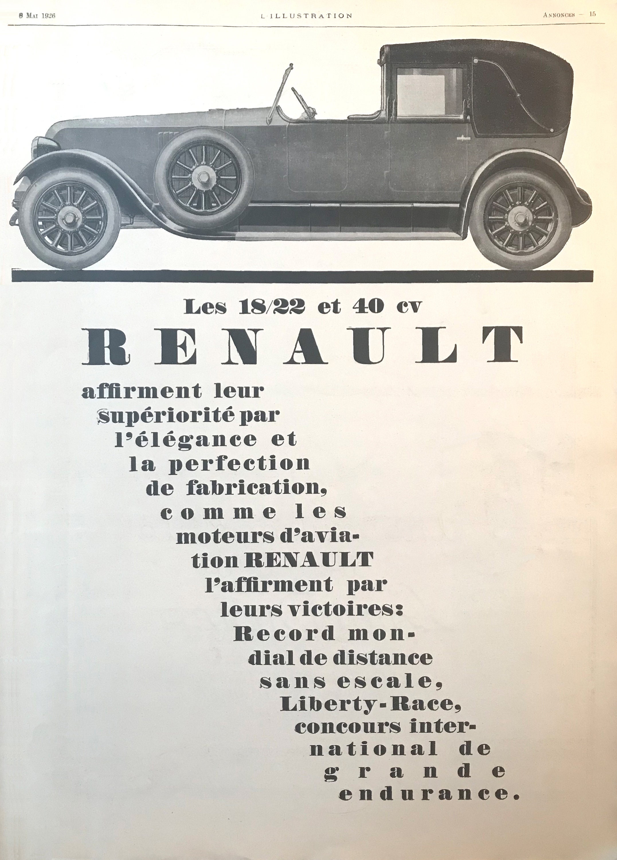 Voiture RENAULT vintage publicité 8 mai 1928 magazine L