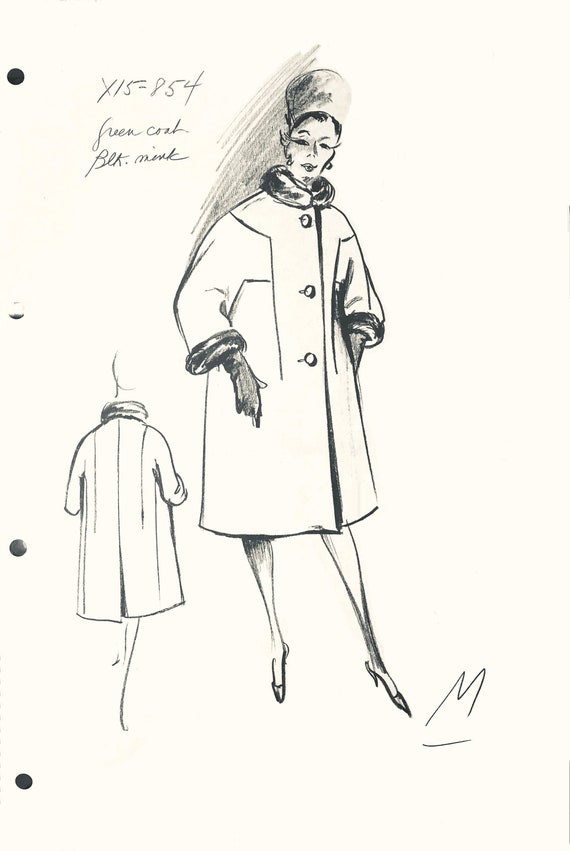 Nina Ricci, Vintage NINA RICCI fashion design sketch haute couture retro coat