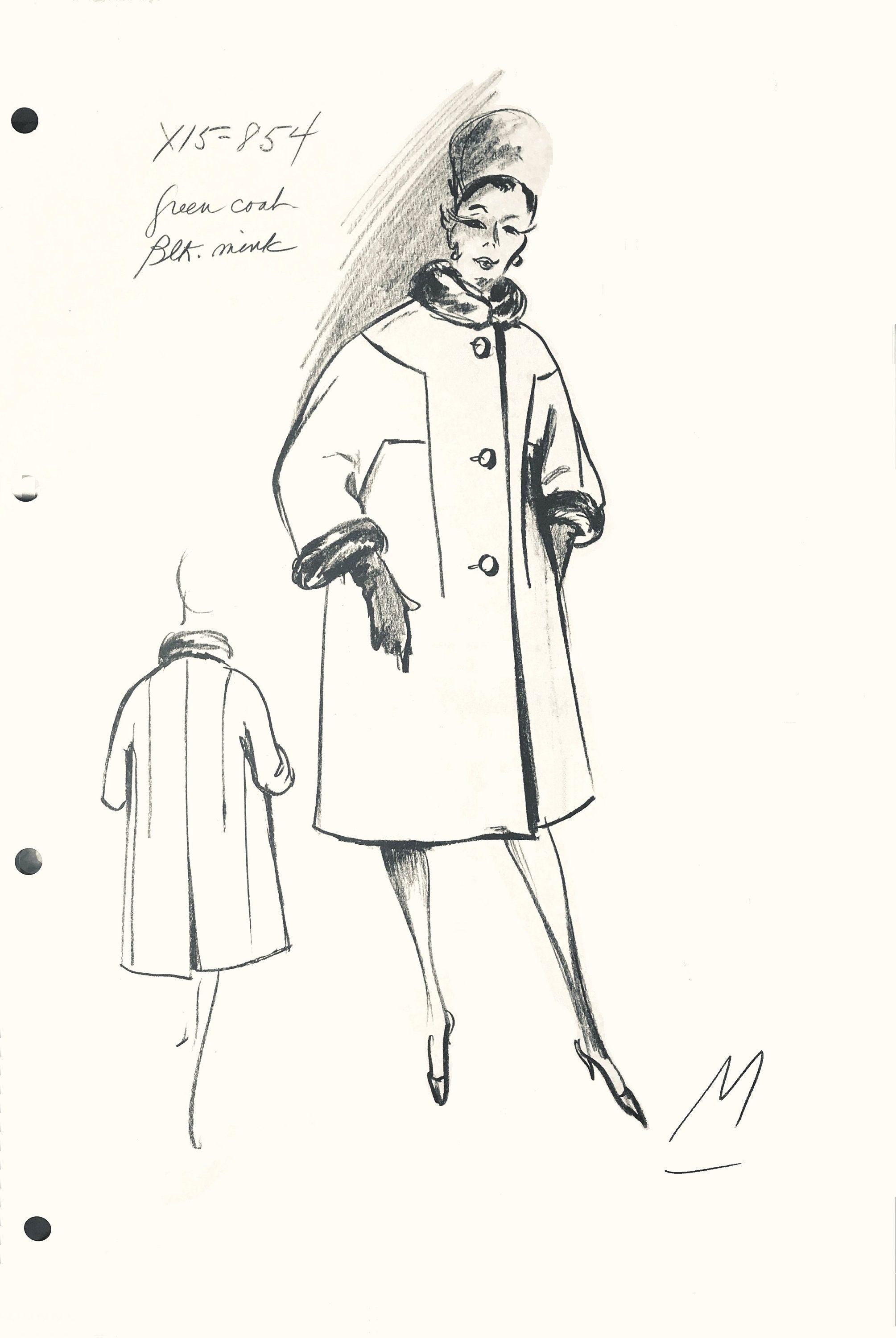 Nina Ricci, Vintage NINA RICCI fashion design sketch haute couture retro coat