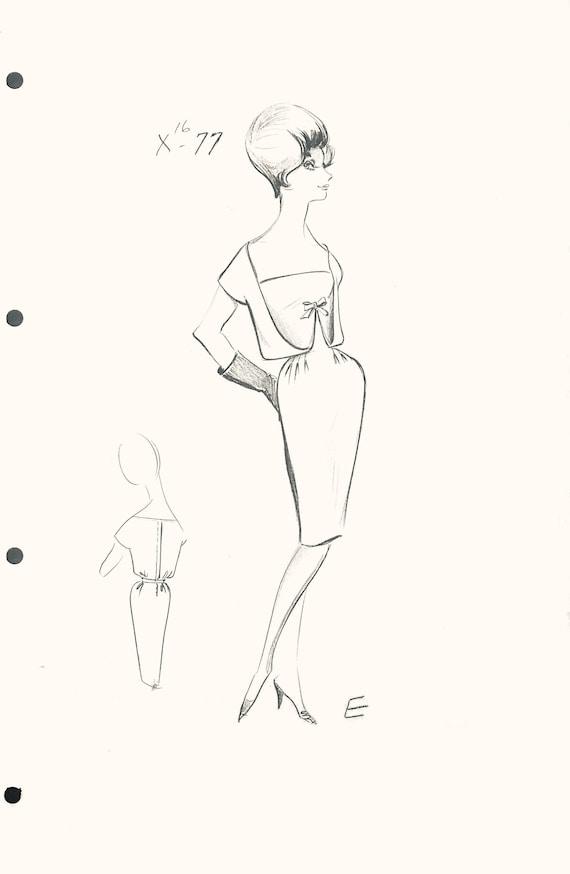 Balmain, Vintage BALMAIN fashion design sketch haute couture retro dress