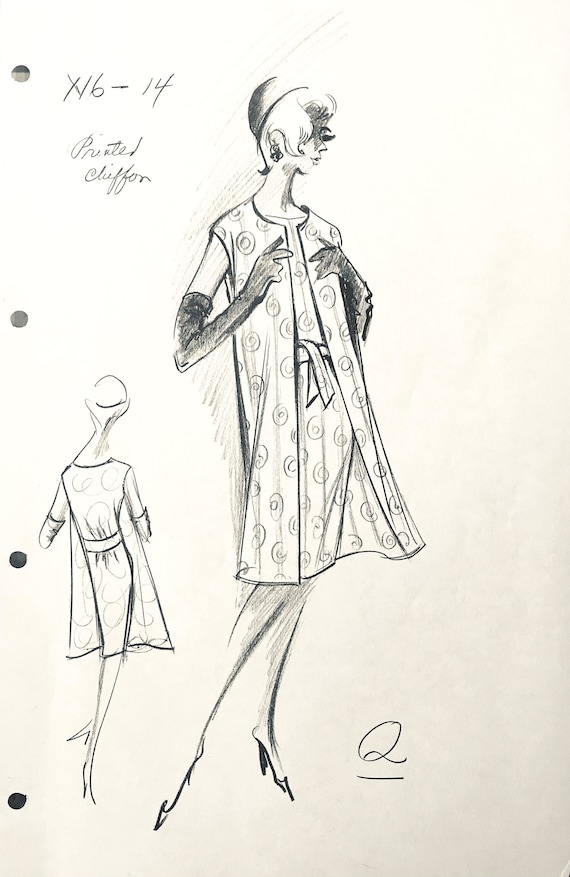 Le créateur de mode vintage PIERRE CARDIN esquisse une robe rétro