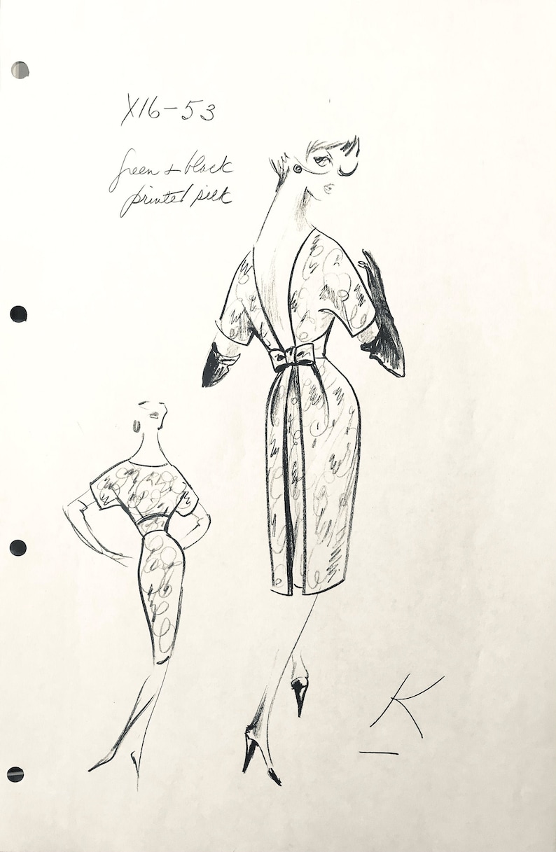 Vintage fashion MADELEINE DE RAUCH design sketches haute couture retro dress