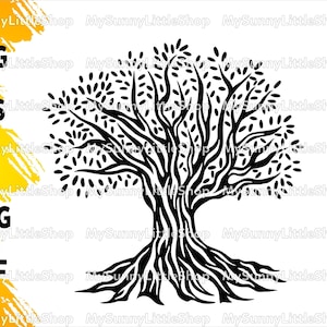 May include: A black and white silhouette of a large tree with a thick trunk and many branches. The tree has a large, spreading canopy of leaves.