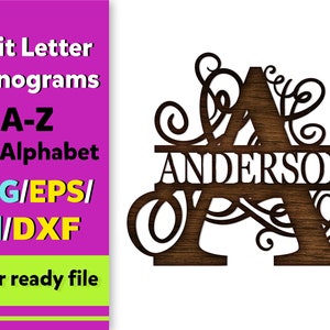 Split Letter Monograms Swirls,Alphabet,Regal Initial Svg,26 Letters,Digital Laser Cut file,Glowforge,svg,eps,ai,dxf