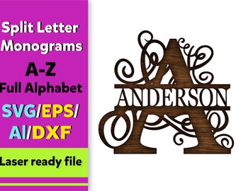 Split Letter Monograms Swirls,Alphabet,Regal Initial Svg,26 Letters,Digital Laser Cut file,Glowforge,svg,eps,ai,dxf