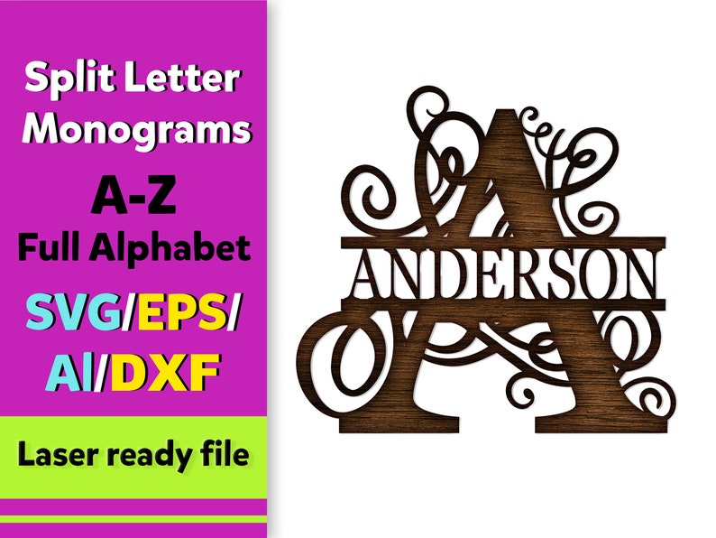 Split Letter Monogram Swirls,Alphabet,Königsinitiale Svg,26 Buchstaben,Digital Laser Cut Datei, Glowforge,svg,eps,ai,dxf Bild 1
