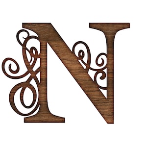 May include: A wooden letter N with decorative swirls cut out. The letter is brown and has a wood grain texture.