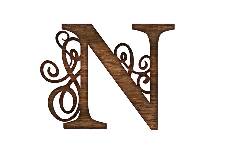 May include: A wooden letter N with decorative swirls cut out. The letter is brown and has a wood grain texture.