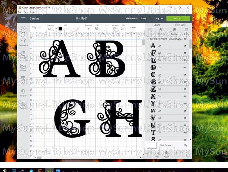 May include: A computer screen displaying a Cricut Design Space project with a set of decorative letters in a black and white swirl design. The letters are A, B, G, and H. The letters are displayed on a grid with a white background. The letters are labeled as "Swirl Letter Set Full Alphabet".