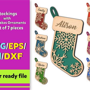May include: Set of seven laser-cut wooden Christmas stockings with snowflake designs and personalized names: Alison, Andrew, Cynthia, Emma, Kevin, Shay, and Emily.  SVG/EPS/AI/DXF files included.