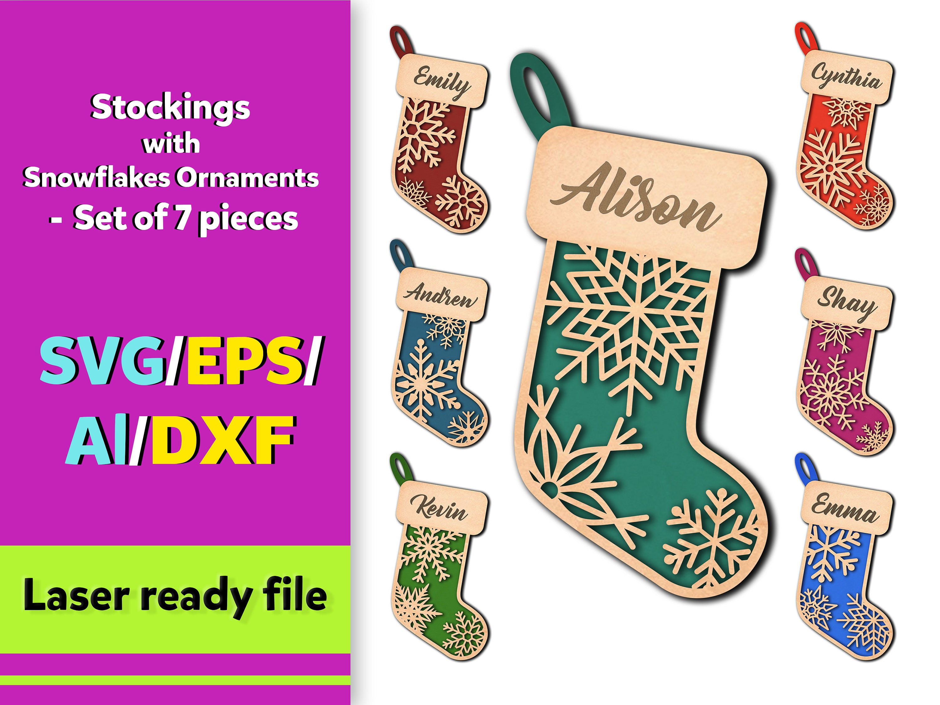 Snowflake Stocking Ornaments: Laser Ready SVG Files - Set of 7 (Digital Download)