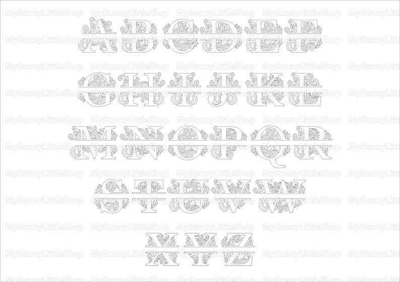K&ouml;nnte beinhalten: Ein Satz von 26 geteilten Monogramm-Buchstaben in Schwarzwei&szlig;. Jeder Buchstabe ist in zwei H&auml;lften geteilt, mit einer dekorativen Verzierung oben und unten. Die Buchstaben sind A bis Z.