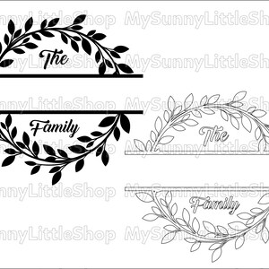 May include: Black and white silhouette of a leafy wreath with the text "The Family" in a cursive font. The wreath is split into two halves, with the top half being a full circle and the bottom half being a half circle.