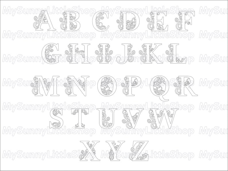 May include: A black and white alphabet with decorative flourishes around each letter. The letters are in a traditional font style.