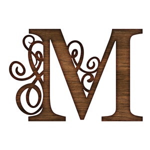 May include: A wooden letter M with a decorative scroll design. The letter is brown and has a wood grain texture.
