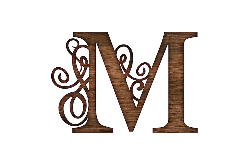 May include: A wooden letter M with a decorative scroll design. The letter is brown and has a wood grain texture.