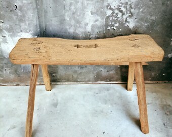 Hungarian farmhouse antique rustic wooden milking stool