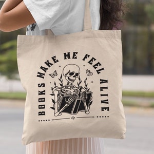 Skeleton Tote Bag Halloween Tote Bag Book Tote Bag Aesthetic Goth Tote Bag Reading Tote Bag Bookish Tote Bag Literary Tote Trendy Tote Bag