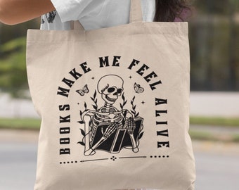 Skeleton Tote Bag Halloween Tote Bag Book Tote Bag Aesthetic Goth Tote Bag Reading Tote Bag Bookish Tote Bag Literary Tote Trendy Tote Bag