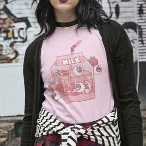 Weirdcore roupas camisa de morango kawaii caixa de leite de morango harajuku camisa kawaii caixa de leite roupas kawaii camisa nervosa y2k roupas