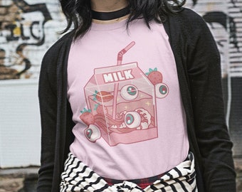 Dziwne ubrania Truskawkowa koszula Kawaii Truskawkowy karton mleka Harajuku koszula Kawaii Karton mleka Kawaii ubrania Edgy koszula Y2k ubrania