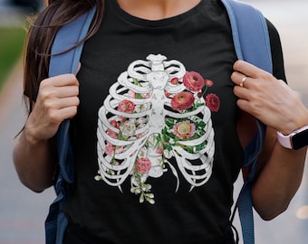 Skeleton Flower Shirt Halloween Skeleton Shirt Skeleton Ribcage Shirt Spooky Shirt Witchy Shirt Woman Bohemian Graphic Tee Aesthetic Shirt