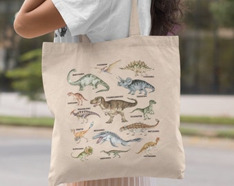 Cute Dinosaur Canvas Tote Bag – Reusable Grocery Shopping Bag, Aesthetic Medium Tote For Women, Friends & Classmates (Multicolor, 13.8x16.5 In)