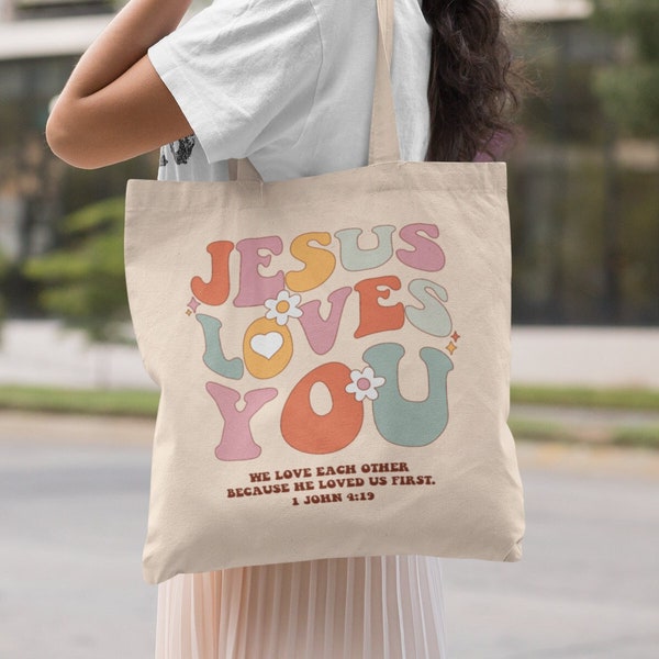 Jezus houdt van je christelijke tote bag esthetische tote bag christian merch bijbel tas retro tote bag jezus tote bag christelijke tote tassen kerk tas