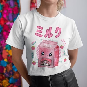 Morango leite t camisa plus size roupas kawaii japonês kawaii morango camisa morango presente para meninas harajuku camisa pastel