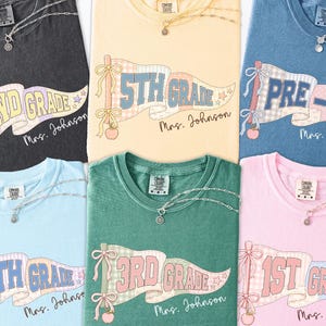 May include: Six short-sleeve t-shirts in black, yellow, blue, light blue, green, and pink. Each shirt features a graphic of a pennant flag with a gingham pattern, bows, an apple, and text indicating grade levels and the name Mrs. Johnson.