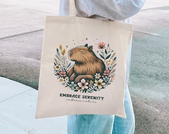 Capybara Tragetasche Ästhetische Tragetasche Capybara Geschenk Wildblumen Tragetasche Cottagecore Tasche Cottagecore Tragetasche Tier-Einkaufstasche Coole Tragetasche