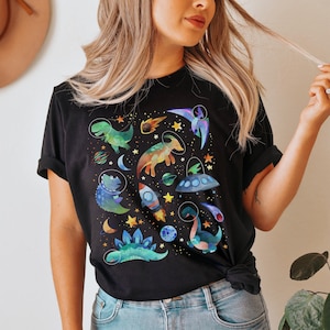 Space Dinosaur Shirt Womens Dinosaur Print Shirt Paleontology Shirt Dino Shirt Dinosaur Clothes Velociraptor Shirt Trex Shirt Dinosaur Gifts