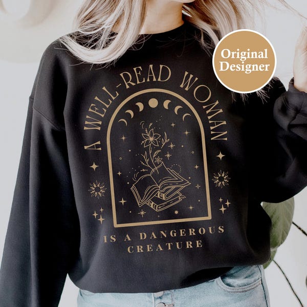 En välbeläst kvinna boklig tröja boktröja läströja litteraturtröja bibliotekarie-tröja boklig rund halsringning himmelsk tröja