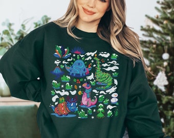Dinosaur Christmas Sweatshirt Dinosaur Sweater Cottagecore Sweater Dinosaur Crewneck Dinosaur Clothes Kidcore Clothing Dinosaur Lover Gift