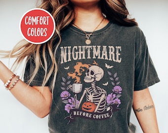 Nightmare Before Coffee Shirt Retro Skeleton Shirt Skeleton Costume Halloween Horror Coffee Shirt Funny Halloween Shirt Fall Clothes Women