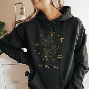 February Birth Flower Hoodie Birth Month Flower Aquarius Hoodie Aquarius Gifts Zodiac Hoodie Trendy Clothes Preppy Hoodie Celestial Hoodie