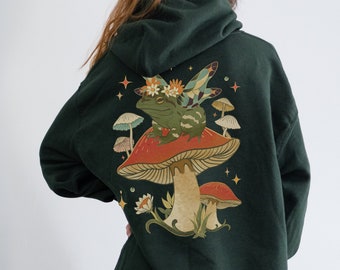 Felpa con cappuccio a rana Fungo Felpa con cappuccio Goblincore Abbigliamento Kawaii Felpa con cappuccio Cottagecore Felpa con cappuccio Goblincore Felpa con cappuccio Frog Stampa fiore Rana Regali Fata Felpa con cappuccio